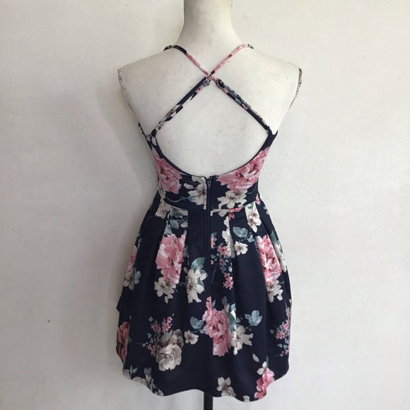 TRAC Women Elegant Navy Colorful Floral Spaghetti Straps Mini Dress S - Picture 3 of 12